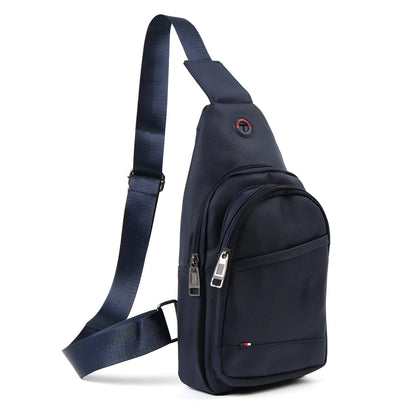 Navy blue nylon crossbody sling bag with silver zippers and red logo on the front for everyday use