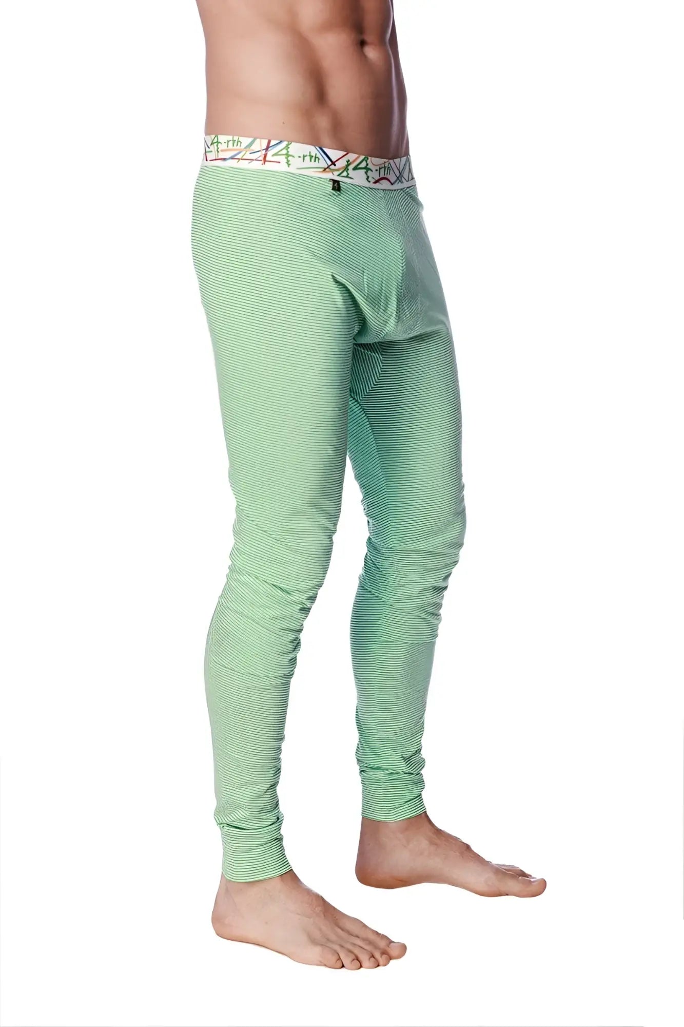 Light green striped men’s thermal yoga leggings with patterned waistband designed for crosstrain use