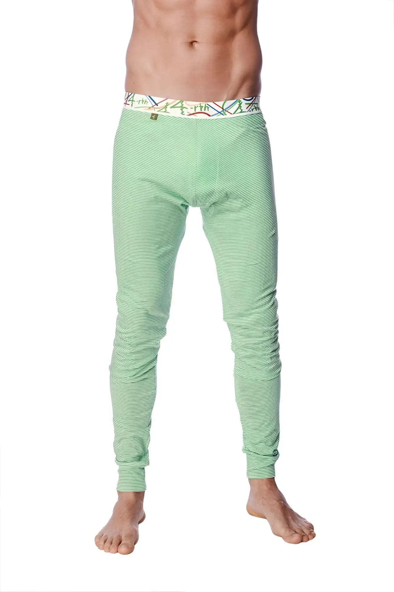 Crosstrain thermal yoga pant in green and white stripe with colorful patterned waistband and light green stripes