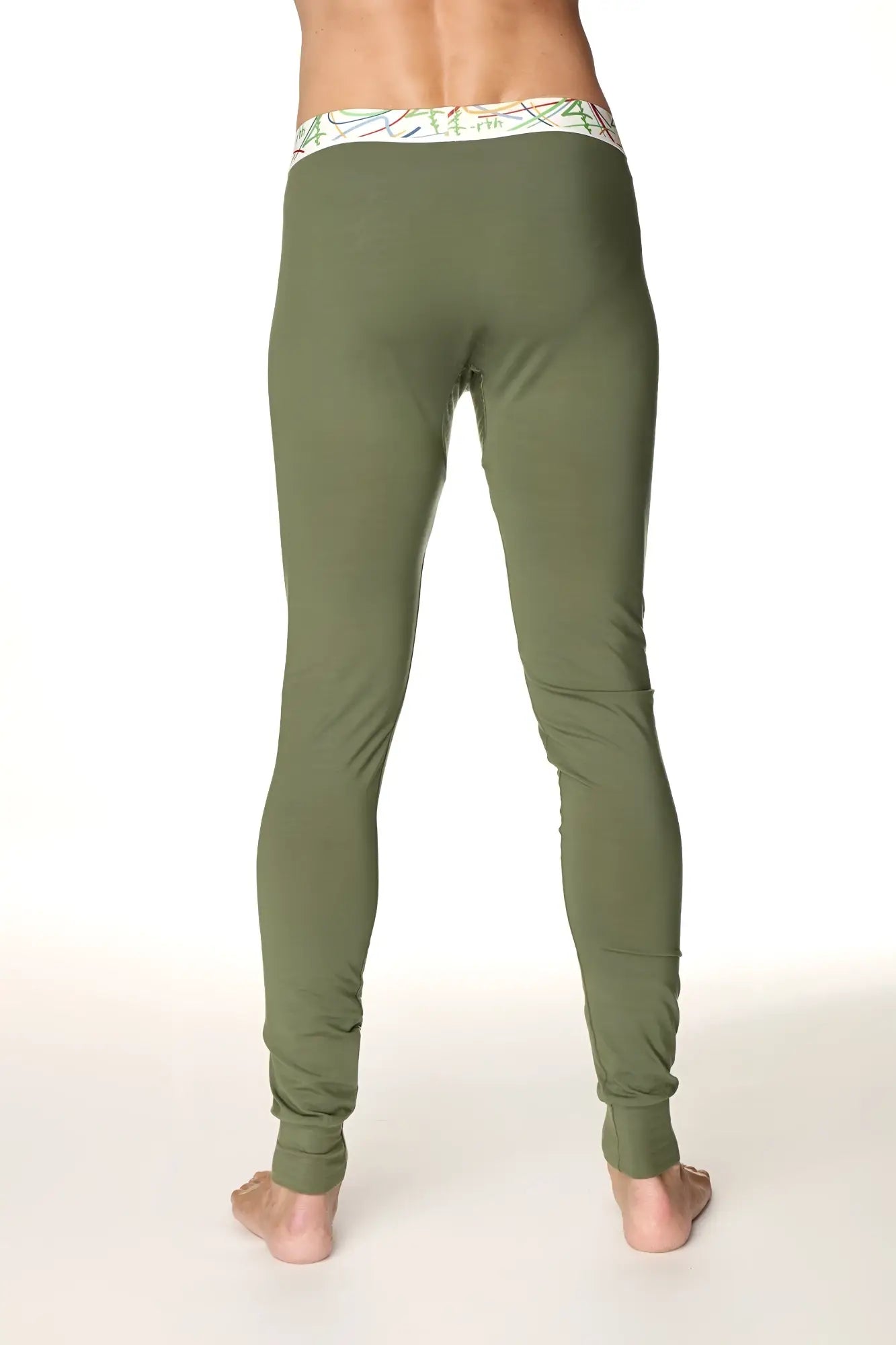 Olive green stretchy crosstrain thermal yoga pant with patterned white waistband for activewear and layering