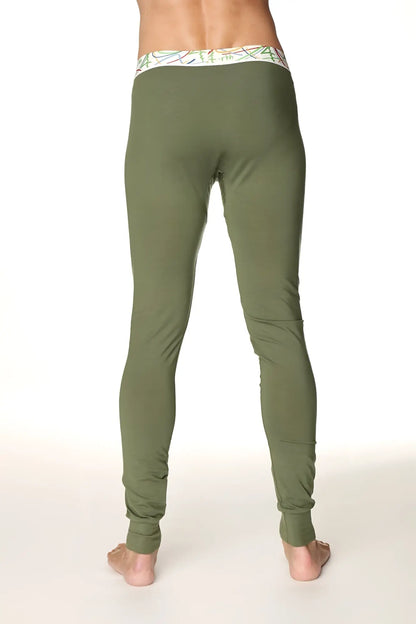 Olive green stretchy crosstrain thermal yoga pant with patterned white waistband for activewear and layering
