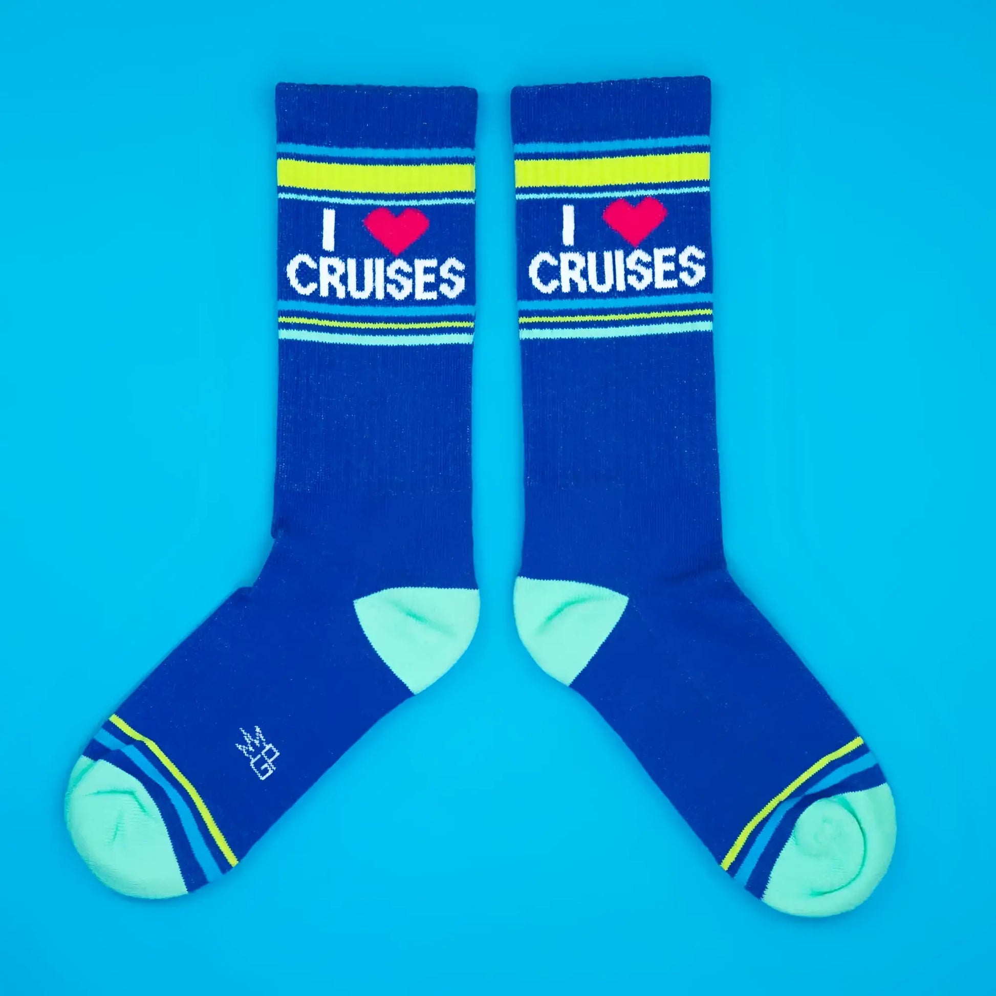 Blue i heart cruises crew socks with white and red print and yellow and light blue stripes for casual wear