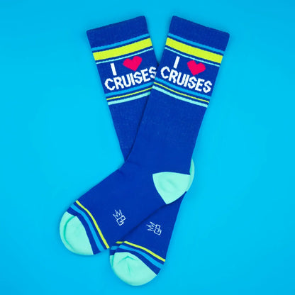 Blue crew socks with i heart cruises print white red accents and yellow light blue stripes for casual wear