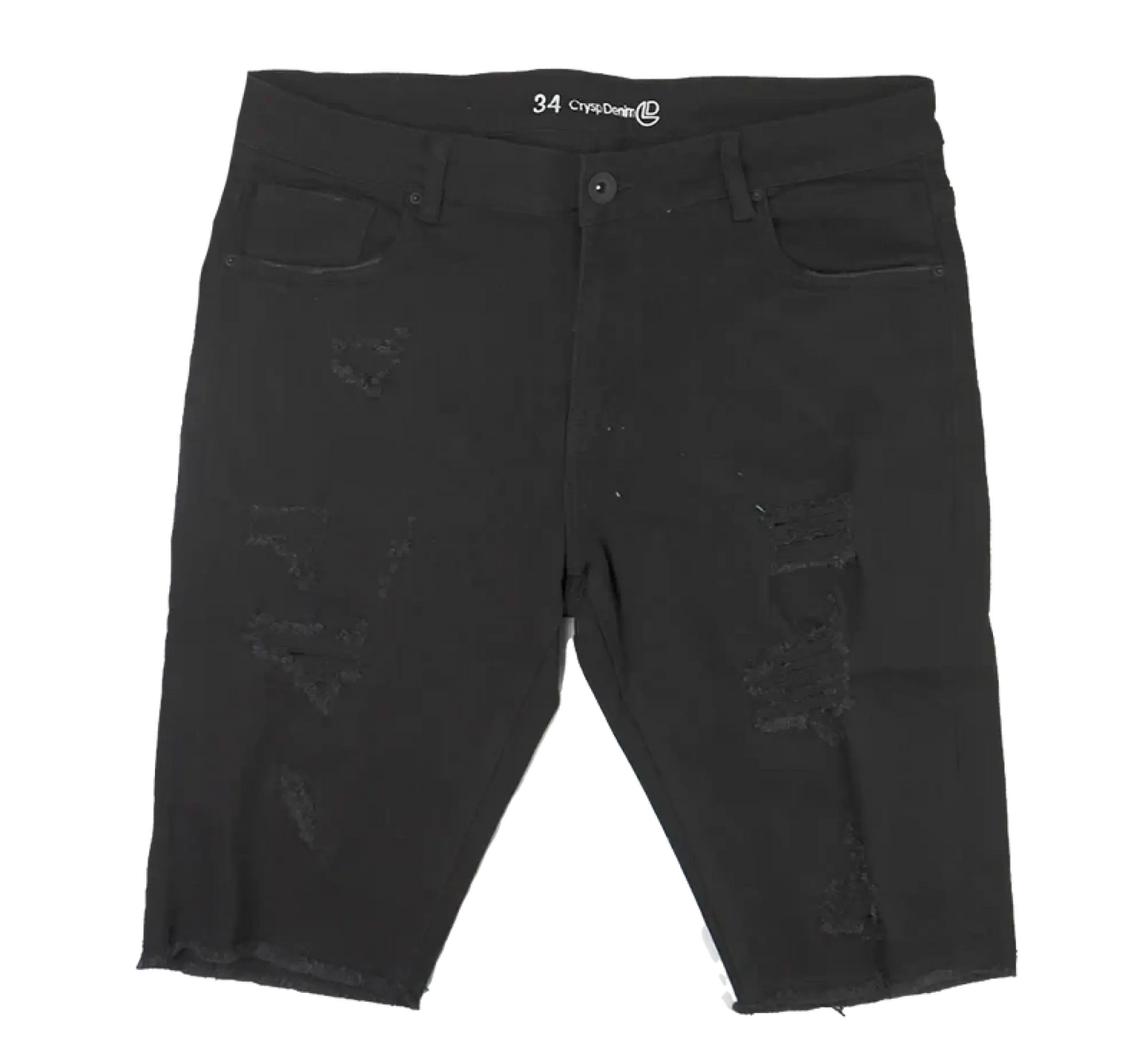 Black distressed denim cut off shorts with a 34 waistband and crysdenn branding, perfect for casual wear