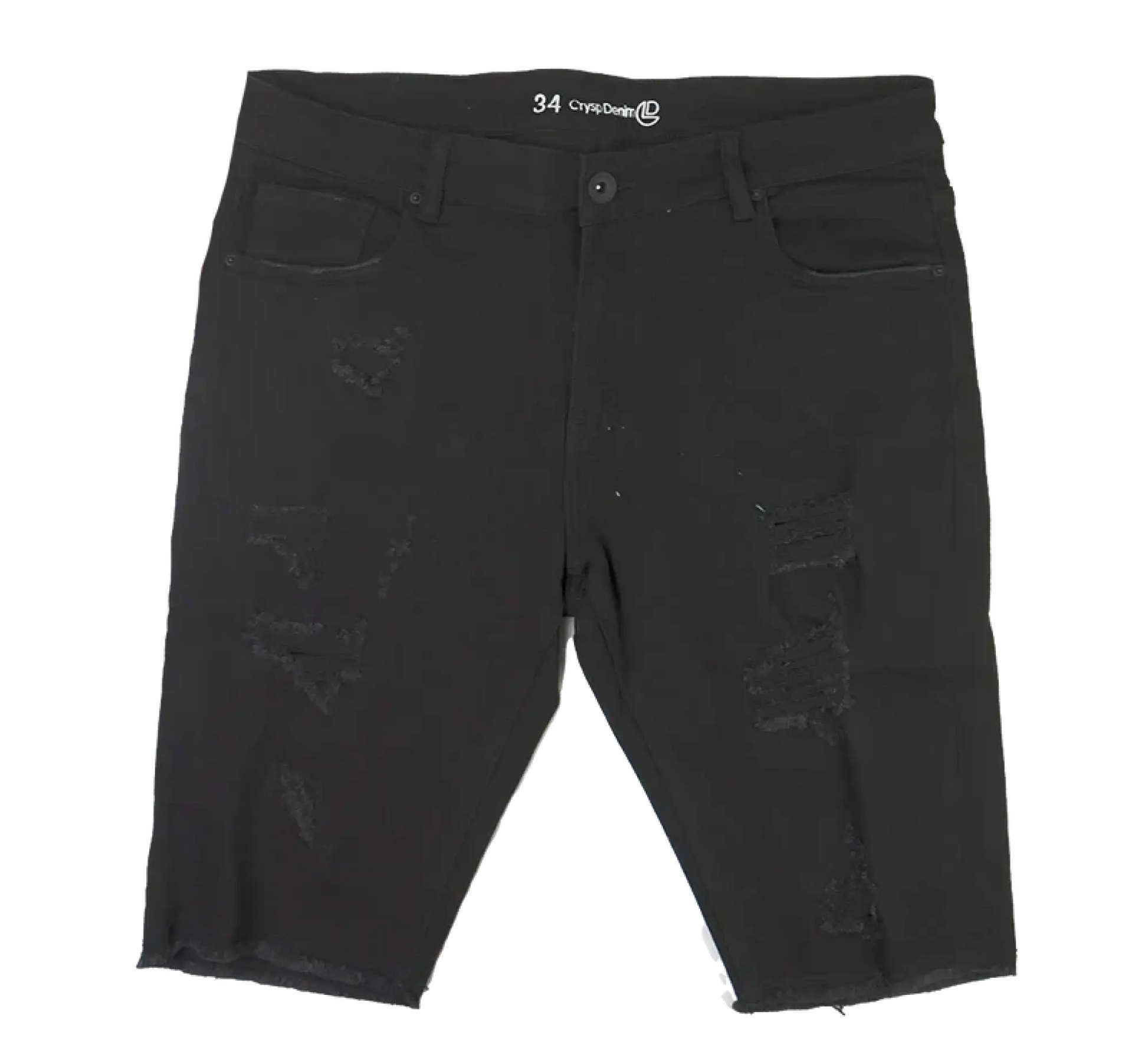Black distressed denim cut off shorts with a 34 waistband and crysdenn branding, perfect for casual wear