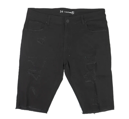 Black distressed denim cut off shorts with a 34 waistband and crysdenn branding, perfect for casual wear