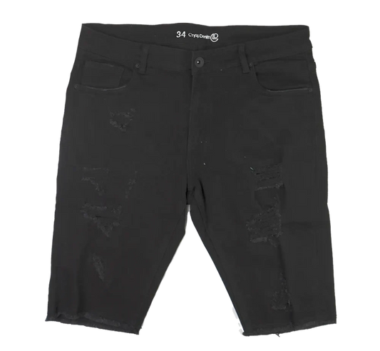 Black distressed denim cut off shorts with a 34 waistband and crysdenn branding, perfect for casual wear