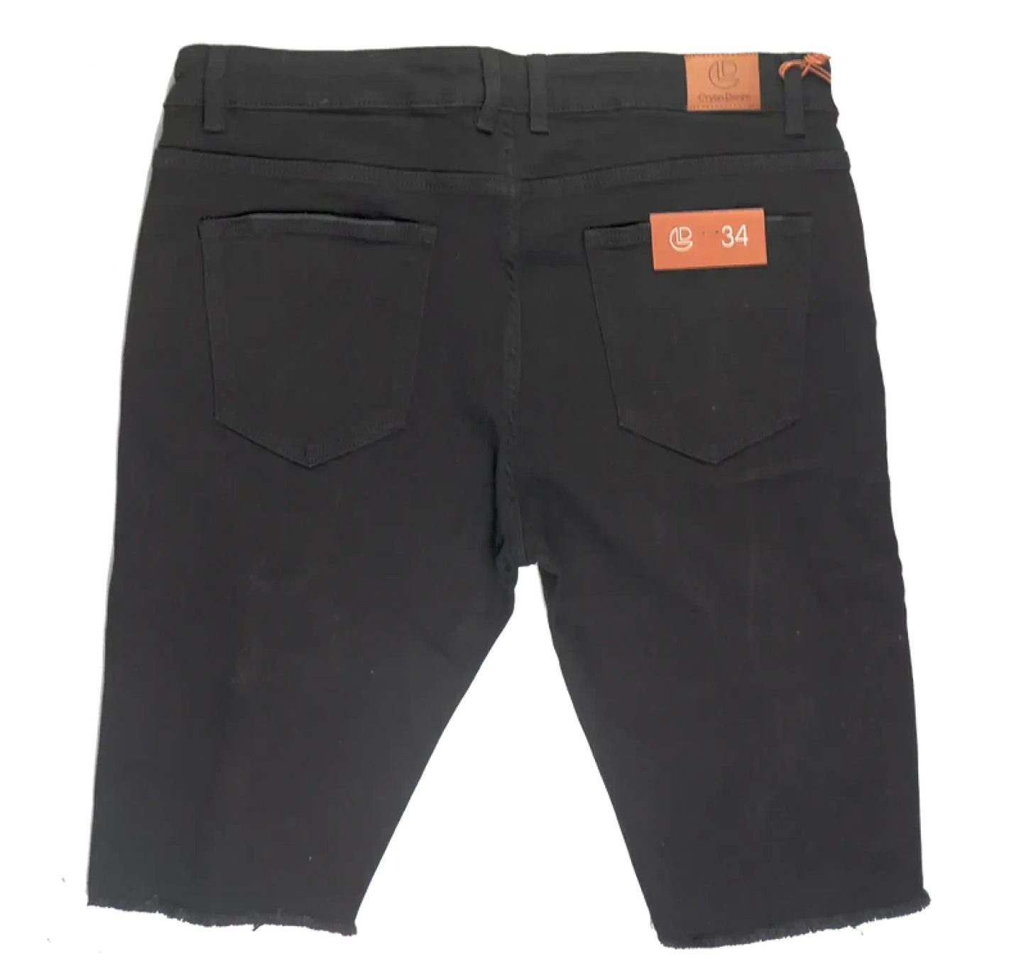 Back view of crysp denim cut off short black slim fit denim shorts with two back pockets and orange brand tags