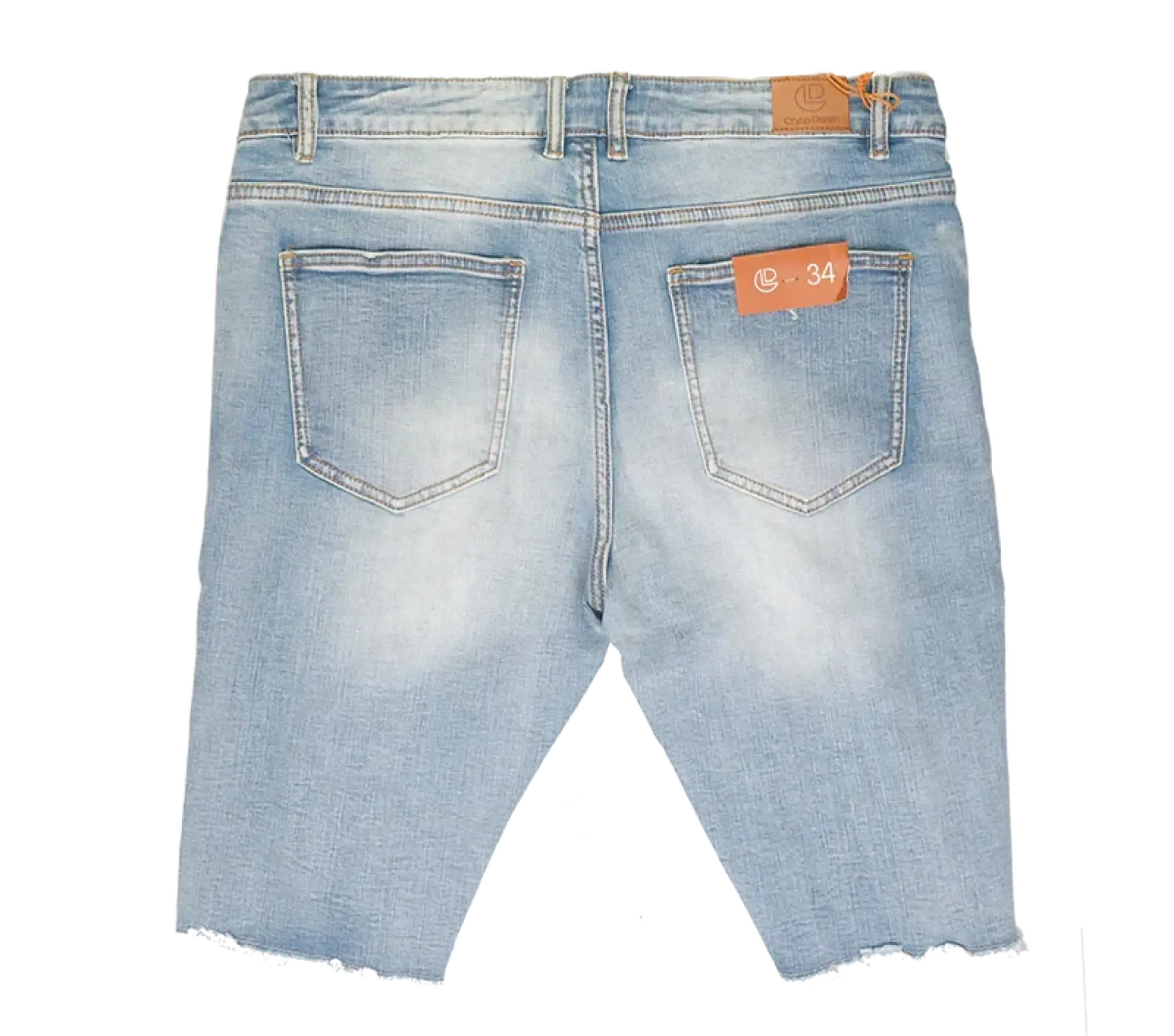 Crysp denim cut off short light-wash denim shorts with frayed hem and orange brand tags front view