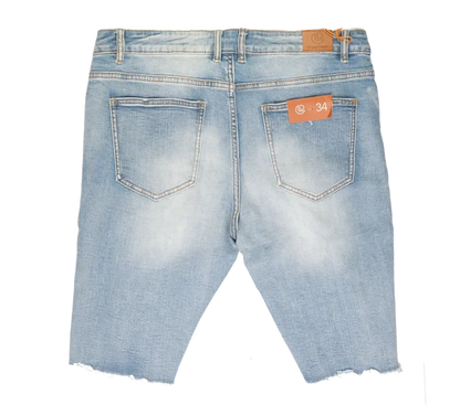 Crysp denim cut off short light-wash denim shorts with frayed hem and orange brand tags front view
