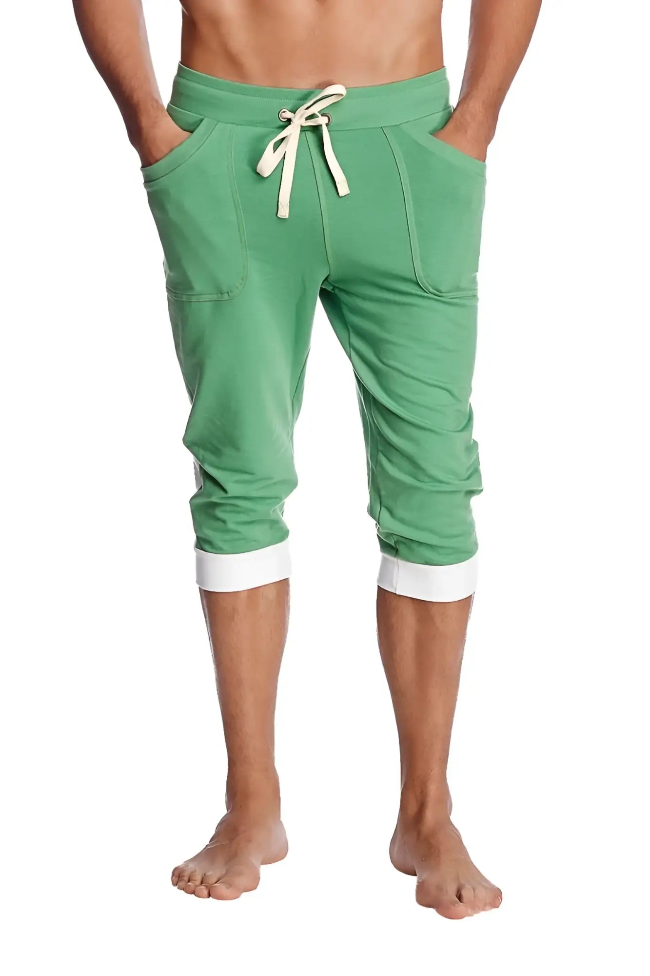 Green bamboo yoga pants cuffed joggers with white drawstring and contrasting white cuffs in capri length