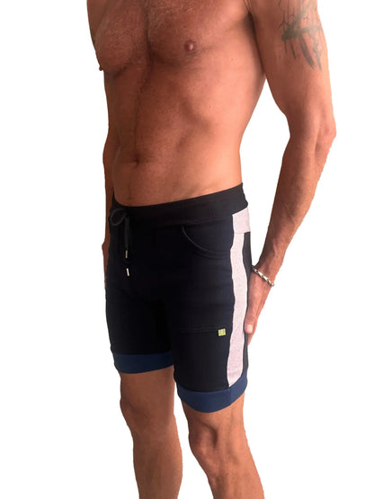 Black cuffed yoga short with white vertical stripe navy blue trim drawstring waistband and side pockets