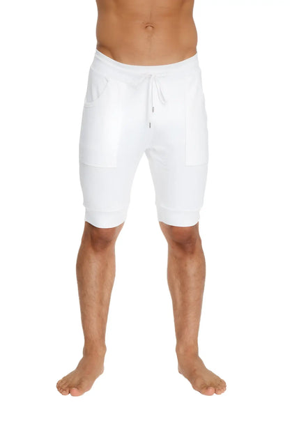 White cotton cuffed yoga short with drawstring waistband and side pockets for comfortable casual wear