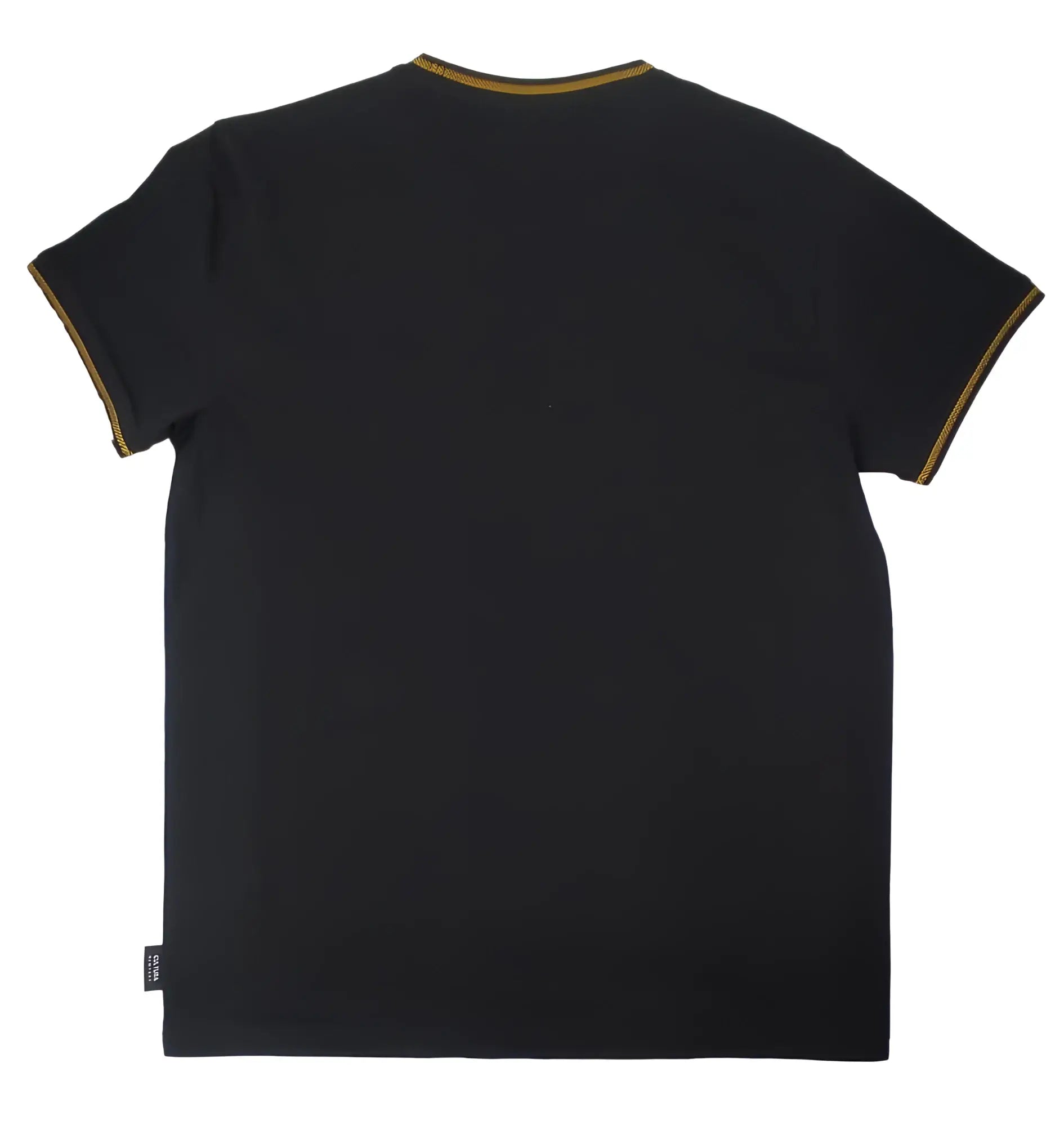Black cultura t-shirt with gold trim on the neckline and sleeve hems in short-sleeved cotton fabric