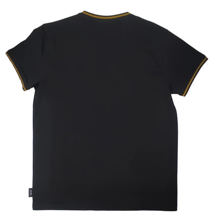 Black cultura t-shirt with gold trim on the neckline and sleeve hems in short-sleeved cotton fabric