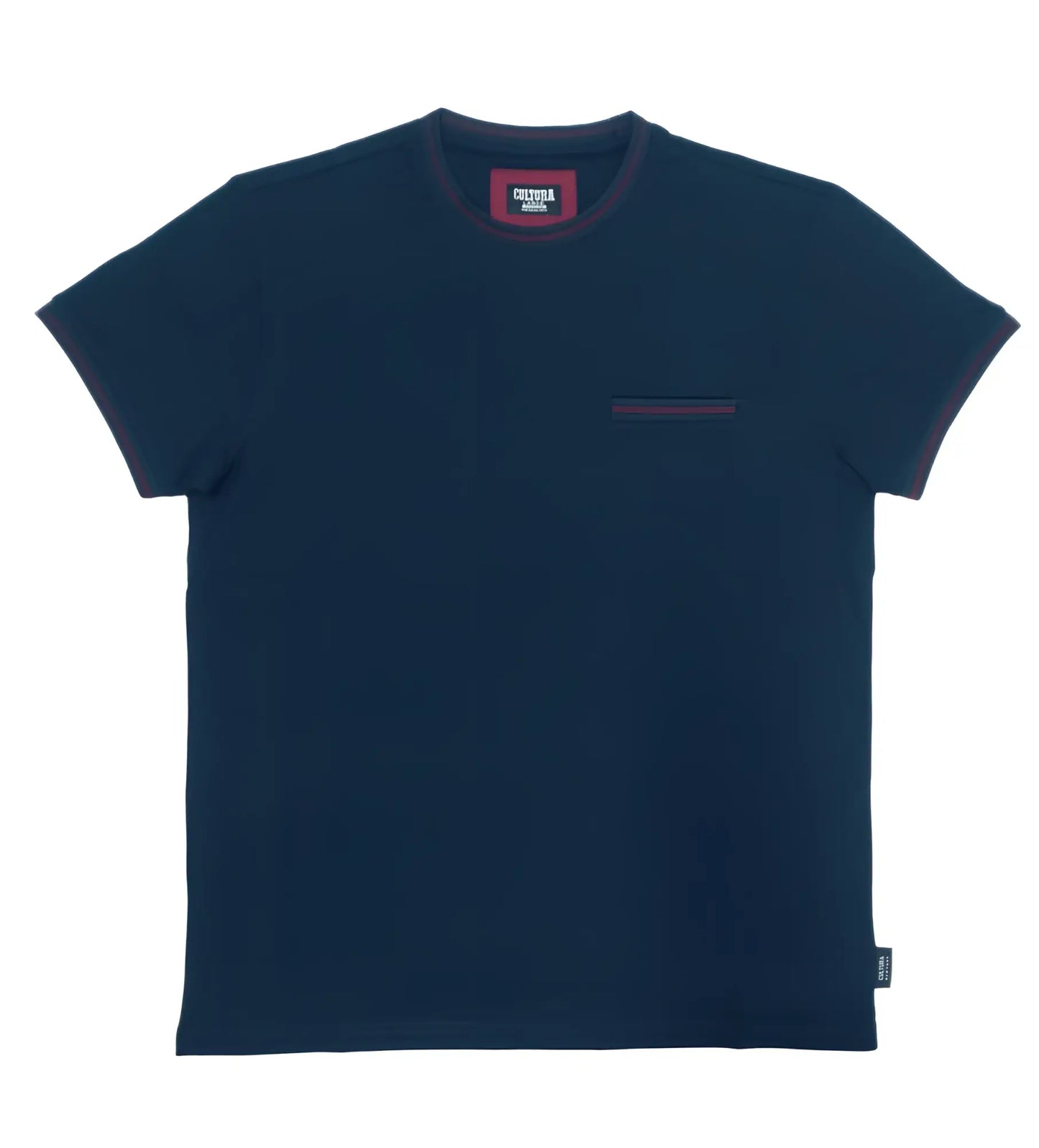 Dark navy blue cultura t-shirt with short sleeves and burgundy trim on collar sleeve cuffs and chest pocket