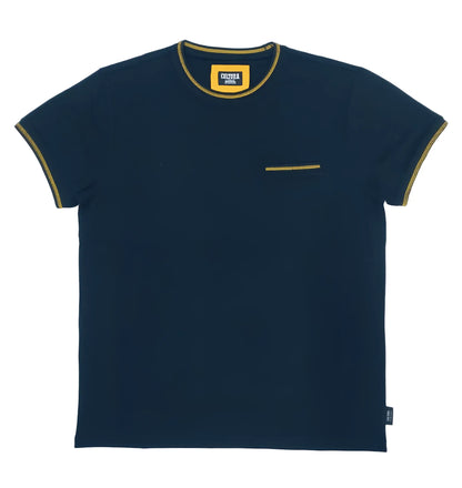 Navy blue cultura t-shirt with yellow trim on collar sleeve cuffs and chest pocket in soft breathable cotton