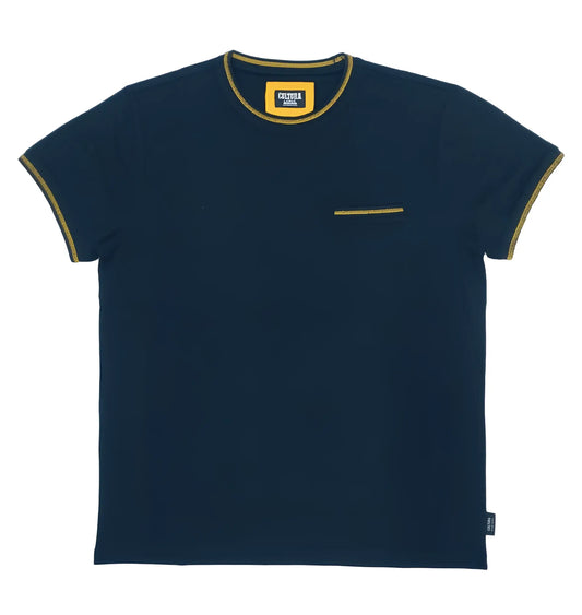 Navy blue cultura t-shirt with yellow trim on collar sleeve cuffs and chest pocket in soft breathable cotton