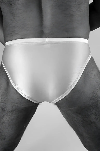 White satin peek a crotch french bikini underwear in nude size s with smooth glossy finish and neatly stitched edges
