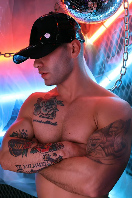 Black glossy baseball cap cyber holo hat with small white logo on the front made from sleek durable material