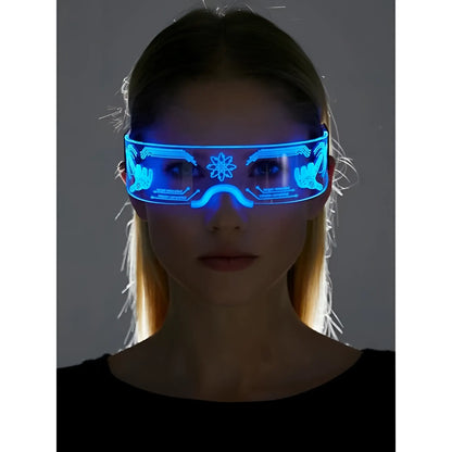 Blue led visor glasses with glowing futuristic design and intricate patterns for cyberpunk light up fashion