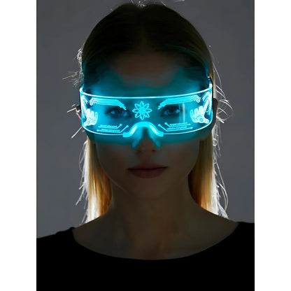 A glowing blue led visor cyberpunk light up glasses with intricate white patterns and illuminated edges