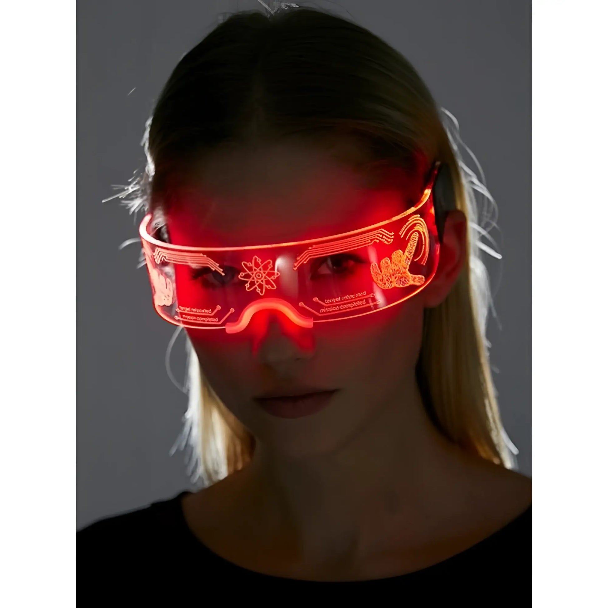 Cyberpunk light up glasses with red led goggles featuring glowing orange circuit patterns and a futuristic design