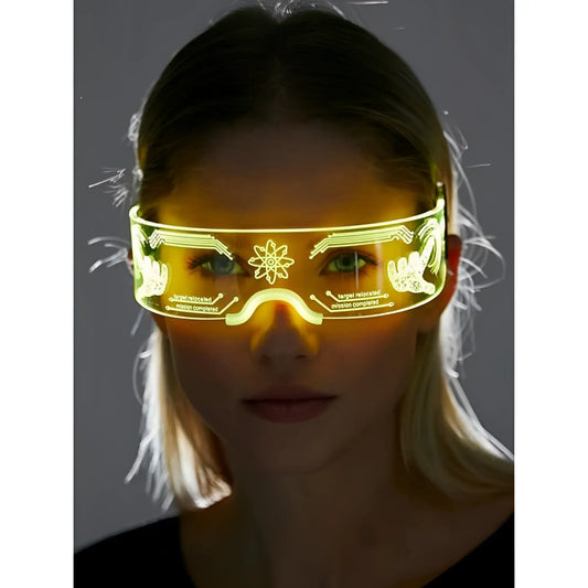 Cyberpunk light up glasses with glowing yellow led visor featuring futuristic circuit and hand gesture designs