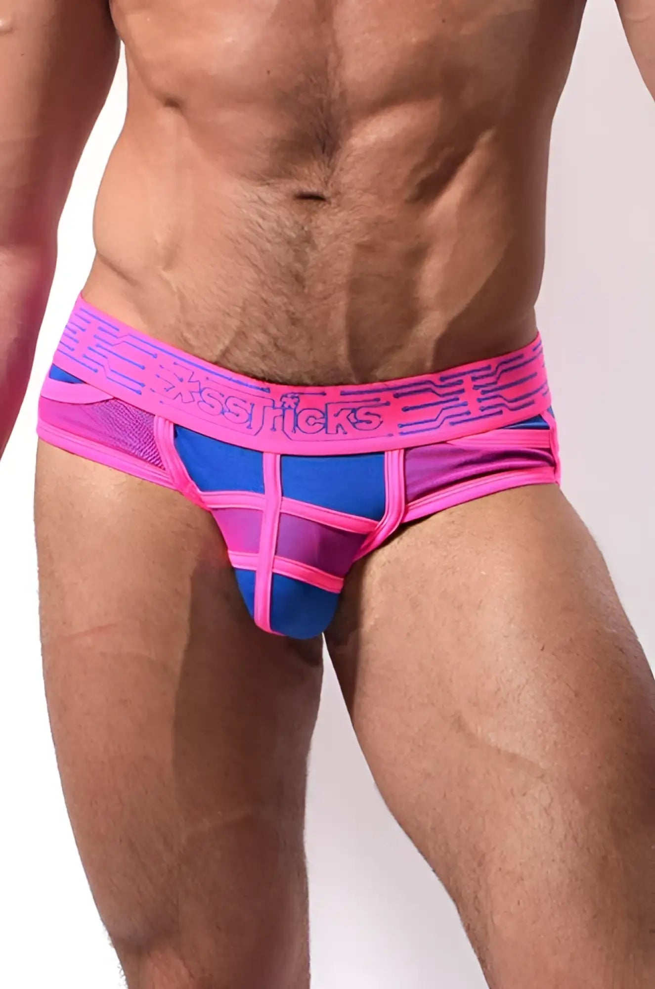 Cybertech brief vibrant pink and blue mesh briefs with bold geometric pattern and x-strafficks logo on waistband