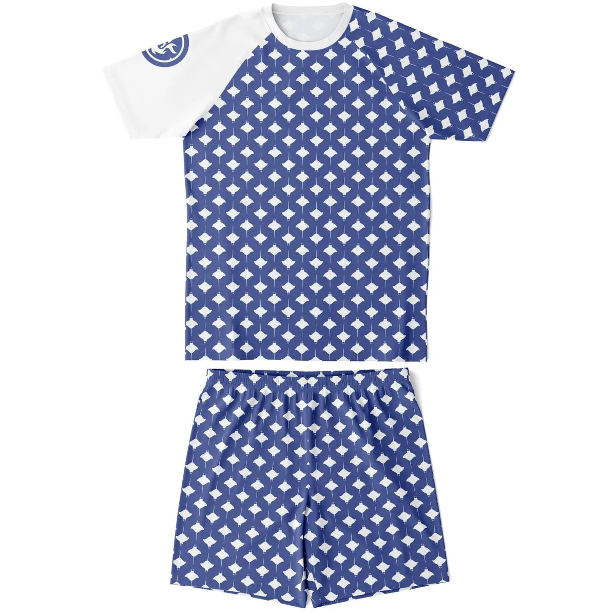 Men's blue and white manta ray print top with matching shorts made by Maris Equi featuring a sporty design and comfortable fit.