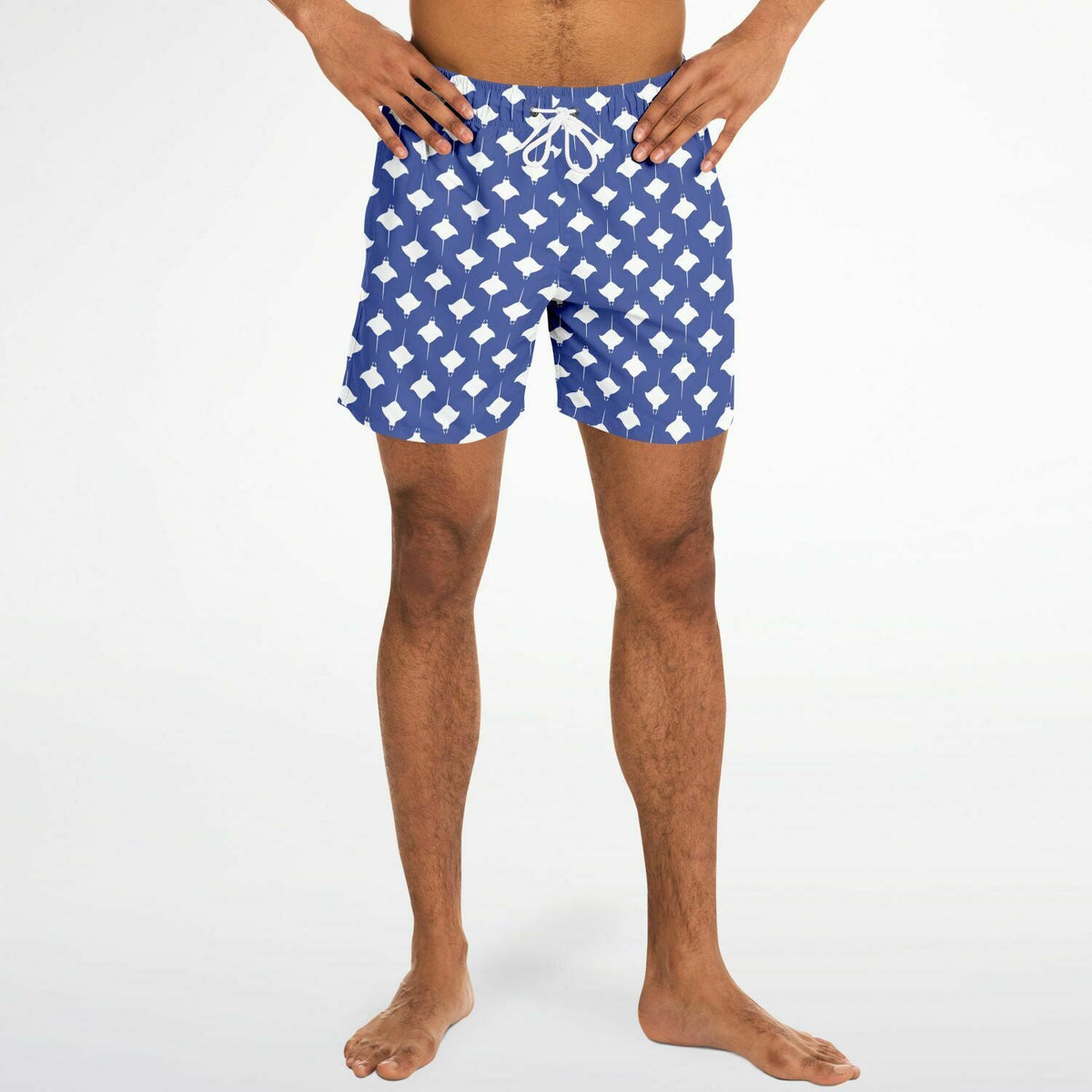 Men's swim shorts in blue with white manta ray pattern made by Maris Equi featuring an elastic waistband and drawstring.