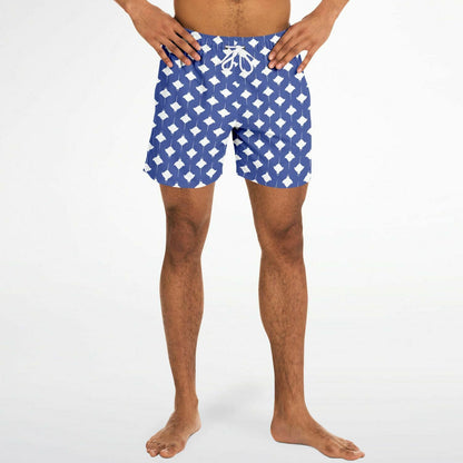 Men's swim shorts in blue with white manta ray pattern made by Maris Equi featuring an elastic waistband and drawstring.