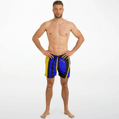 Men's swim shorts in blue and yellow with a surgeonfish print made by Maris Equi featuring an elastic waistband.