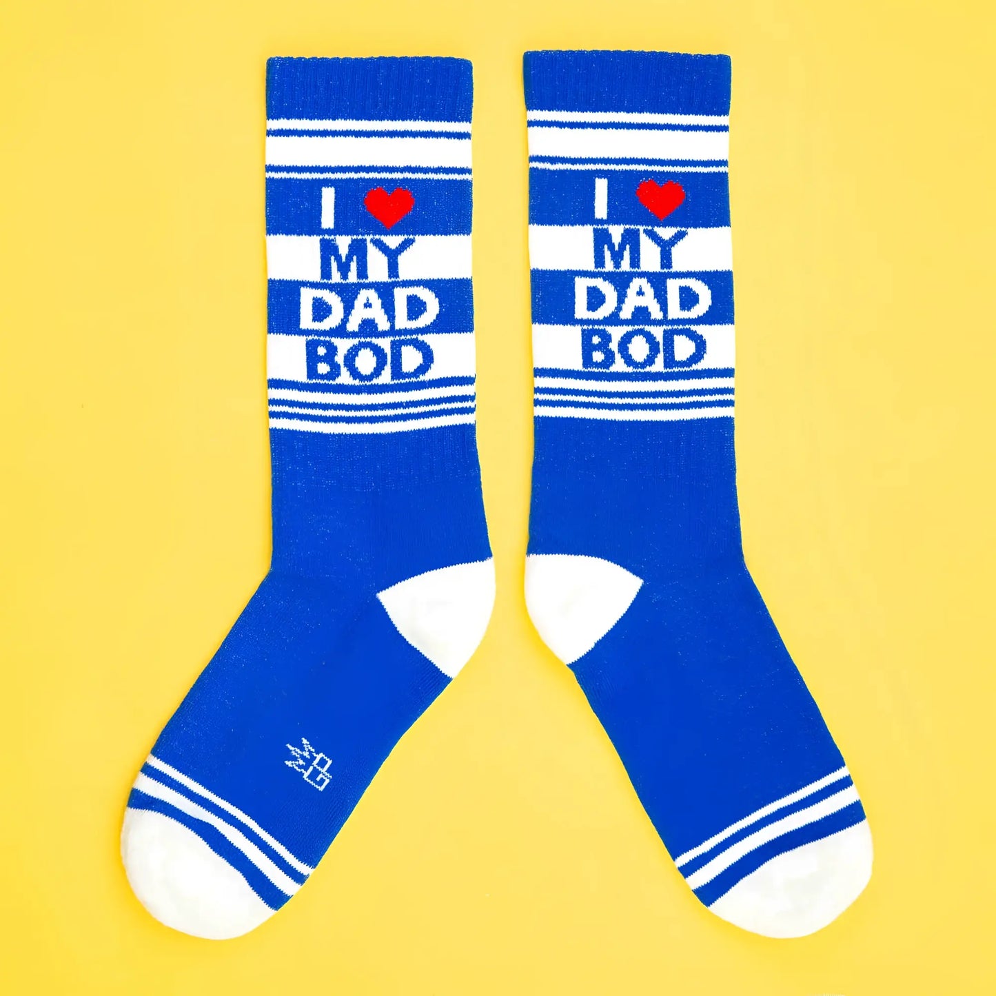 Blue and white striped crew socks with i heart my dad bod in bold blue letters and a red heart symbol across top