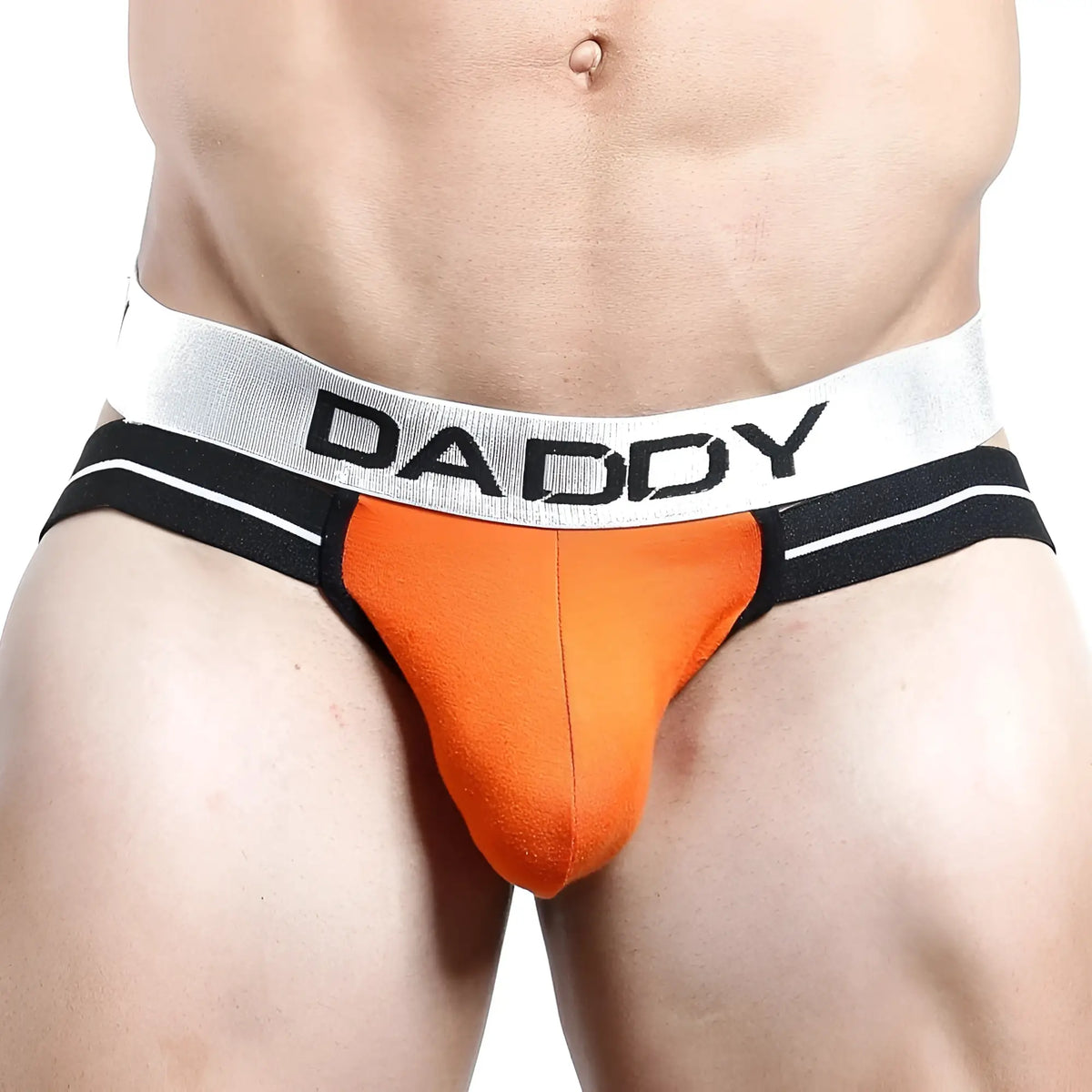 Orange and black daddy dde001 jockstrap briefs with a silver waistband featuring bold black lettering