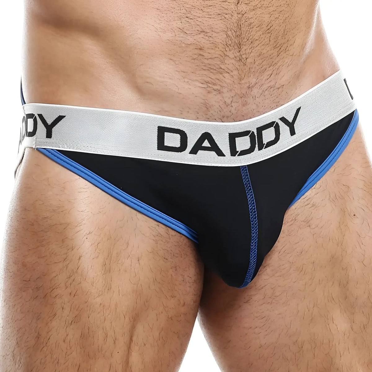 Black daddy brand briefs with silver waistband and bold black lettering featuring blue trim daddy dde028 jockstrap