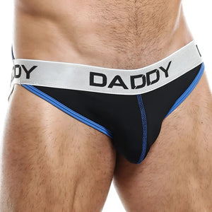 Black daddy brand briefs with silver waistband and bold black lettering featuring blue trim daddy dde028 jockstrap