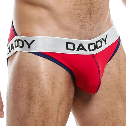 Red and navy blue daddy brand briefs with gray waistband and black daddy lettering in daddy dde028 jockstrap design