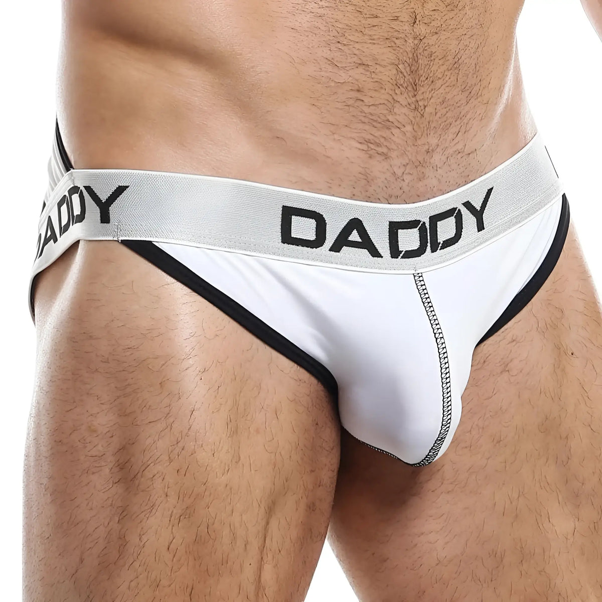 White daddy brand briefs with black trim and a silver waistband with bold black lettering for menâ€™s underwear