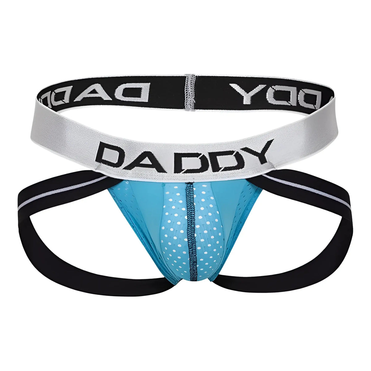 Blue polka-dotted daddy brand jockstrap with black and silver elastic bands for comfortable support