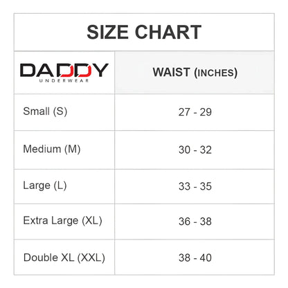 Daddy dde031 cowboy up jock underwear size chart showing waist measurements for small to double xl sizes