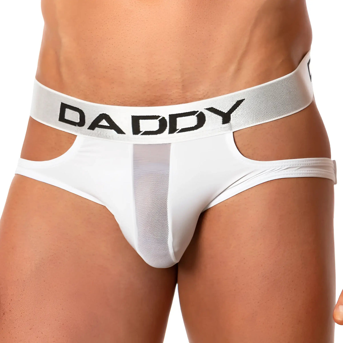 White daddy brand briefs with silver waistband and mesh panel from daddy dde031 cowboy up jock collection