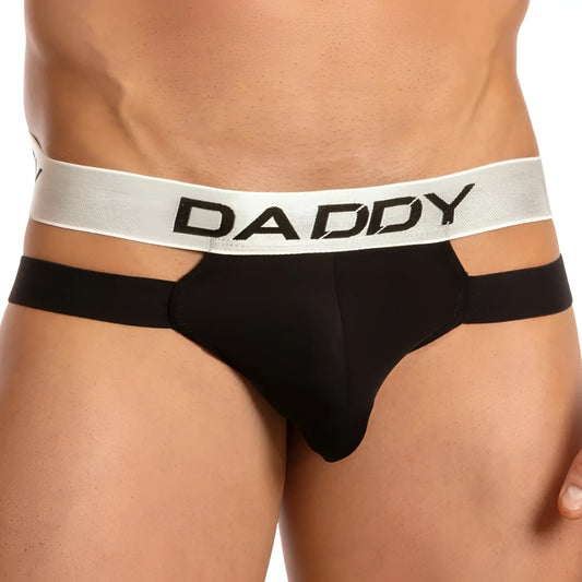Black daddy brand briefs with a silver waistband featuring bold black lettering in the daddy dde034 jockstrap design