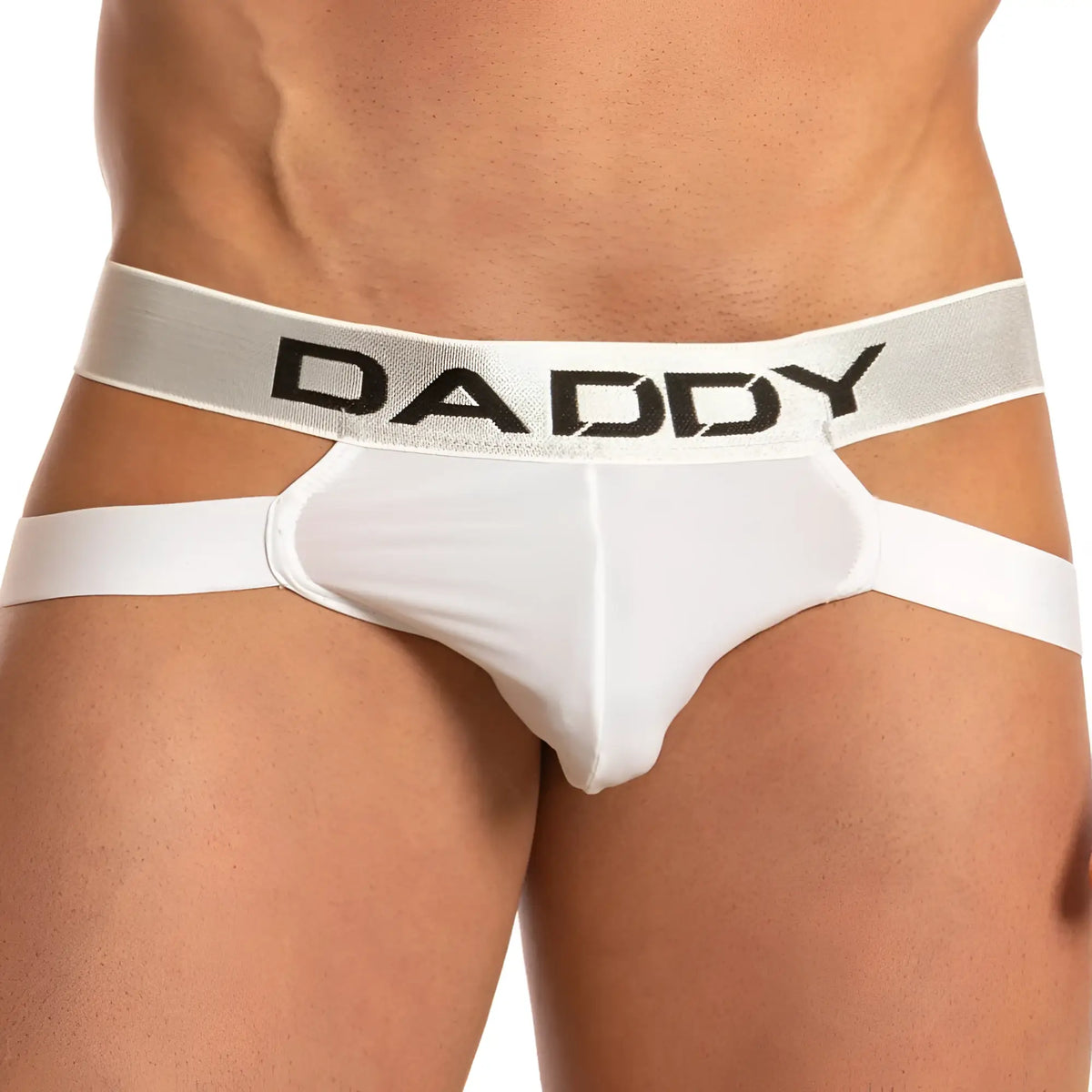 White daddy brand briefs with silver waistband and bold black lettering in daddy dde034 jockstrap design