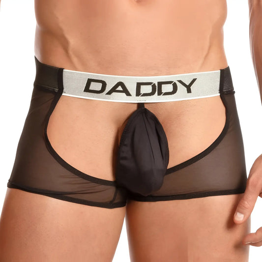 Black sheer mesh menâ€™s daddy dde036 jockstrap with silver waistband and bold black daddy lettering pouch front view