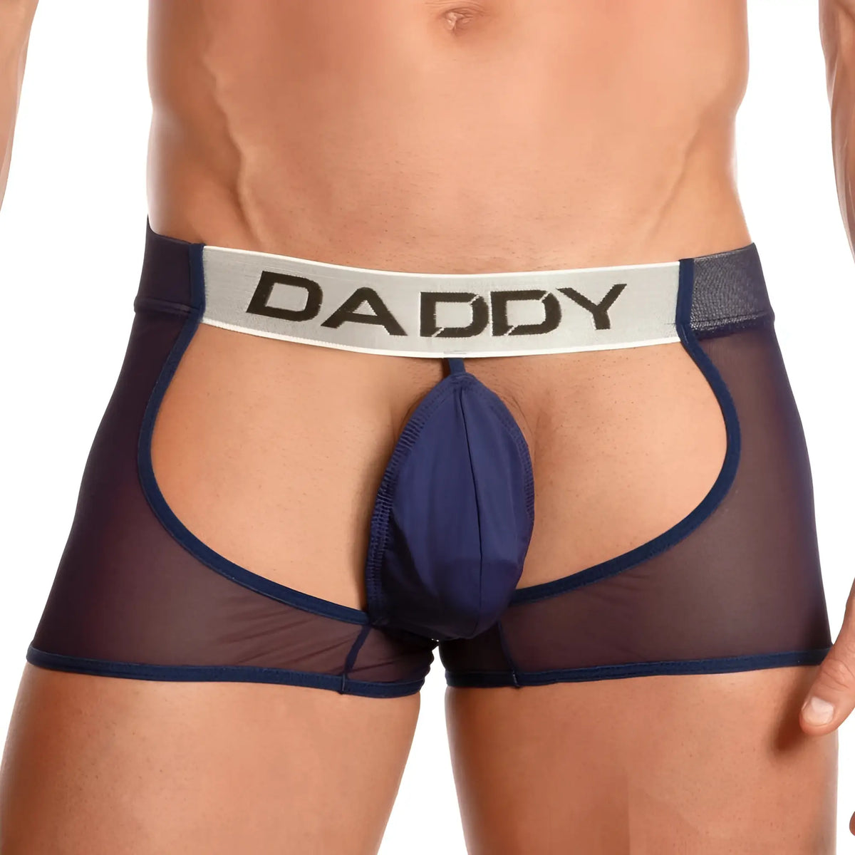 Navy blue mesh daddy dde036 jockstrap briefs with solid navy pouch and white waistband with black daddy lettering