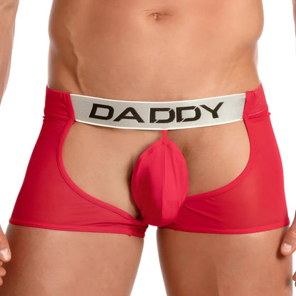 Red daddy brand menâ€™s jockstrap underwear in red with a silver waistband and prominent pouch model dde036
