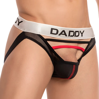 Black and red mesh daddy dde038 jockstrap briefs with silver waistband featuring daddy in bold black letters