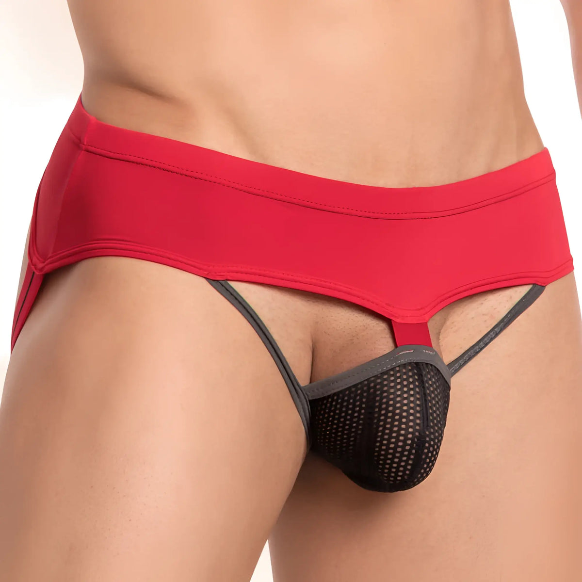 Daddy DDE039 jockstrap red and black mesh briefs with solid red waistband front view