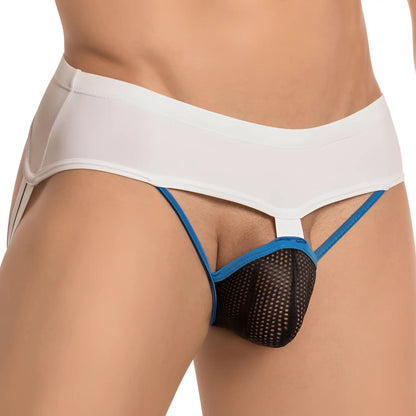White and blue mesh thong jockstrap with solid white waistband daddy dde039 front view